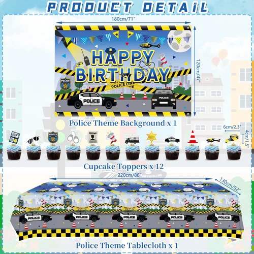 Vista 3 de KEFAN Decoraciones de fiesta de cumpleaños de policía, suministros de vajilla para fiestas temáticas de policía, incluyendo telón de fondo de feliz