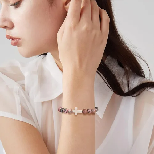 Vista 2 de JoycuFF Christian Bracelets for Women Cross Bracelets for Religious Women Girls Easter Catholic Natural Stone Bracelets Christian Jewelry Faith