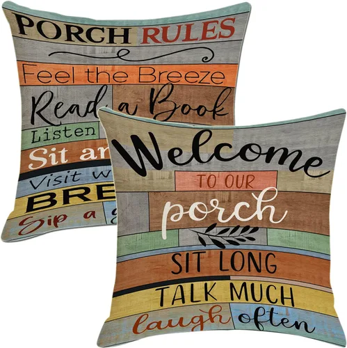 Vista 8 de Fundas de almohada para porche con reglas de porche impermeables, bienvenida a nuestro porche, fundas de almohada para patio, para sofá, banco Marrón