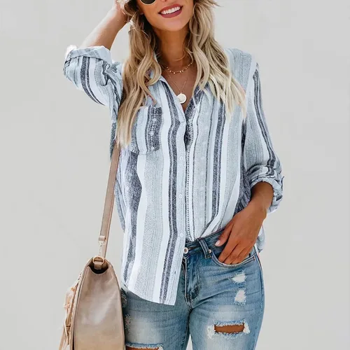 Vista 2 de Women's Striped Button Up Blouse Trendy Business Tops Dressy Soft Cotton Linen Tops Casual Long Sleeve Tops Fall Shirt