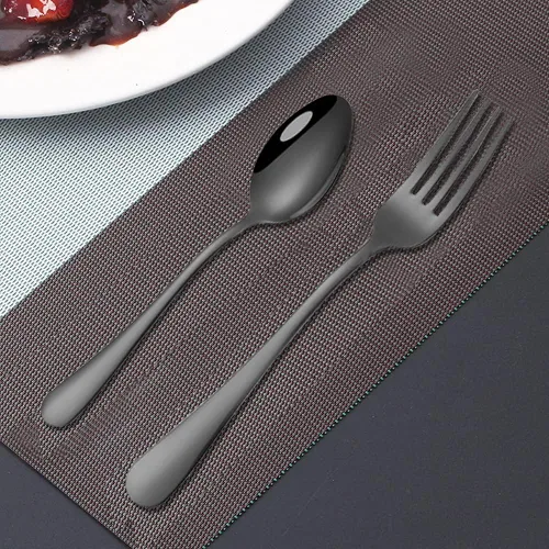 Vista 2 de findTop - Juego de 12 tenedores y cucharas de acero inoxidable chapados en negro, tenedores resistentes (8 pulgadas) y cucharas (7 pulgadas)