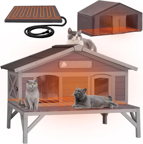 Vista 12 de GUTINNEEN Casa Calefaccionada para Gatos de Exterior, Casa Aislada para Gatos de Exteriores Resistente a la Intemperie, Refugio para Gatos Ferales
