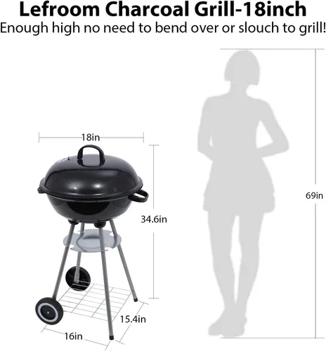 Vista 9 de Parrilla de carbón de 18 pulgadas con cubierta de parrilla impermeable para patio al aire libre, picnic, camping, barbacoa hervidor