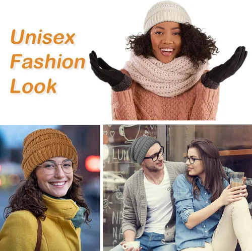 Vista 6 de FURTALK Gorro de invierno para mujer, con forro de satén, tejido trenzado, grueso, holgado, gorro cálido