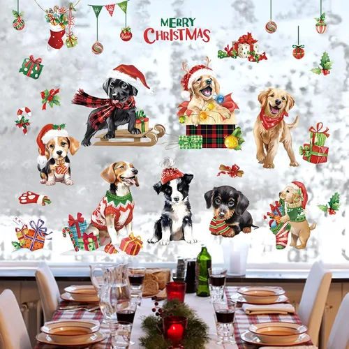 Vista 4 de decalmile Adhesivos de ventana de Navidad para perros y cachorros, reutilizables, para mascotas, perros, Navidad, doble cara, impresos, calcomanías
