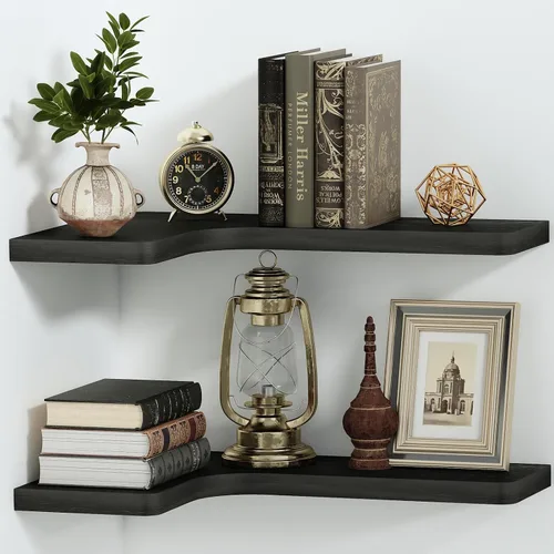 Vista 8 de SAUMONIERES Estantes flotantes de esquina de madera maciza para dormitorio, baño, cocina, almacenamiento, juego de 3, negro, soportes invisibles
