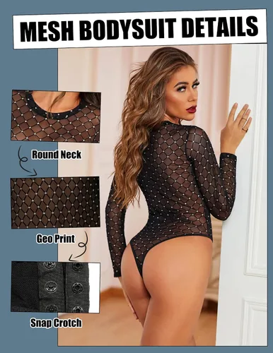 Vista 3 de Avidlove Body de malla para mujer color negro de manga larga cuello redondo leotardos transparentes body sexy con broche en la entrepierna