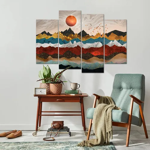 Vista 4 de Lienzo grande de 4 piezas de arte de las montañas preciosas coloridas imágenes de paisaje giclée, arte de pared de mediados de siglo, decoración