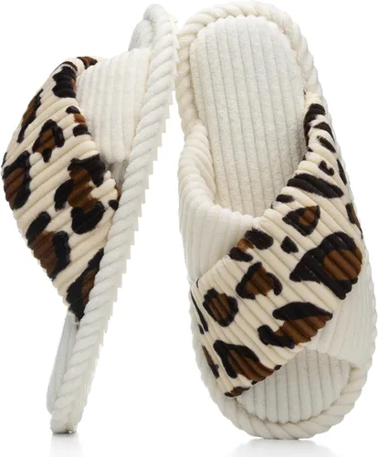 Vista 25 de GOEWY - Pantuflas para mujer con espuma viscoelástica para el hogar, con entretejido de pana, tiras cruzadas, con punta abierta, sandalias cómodas