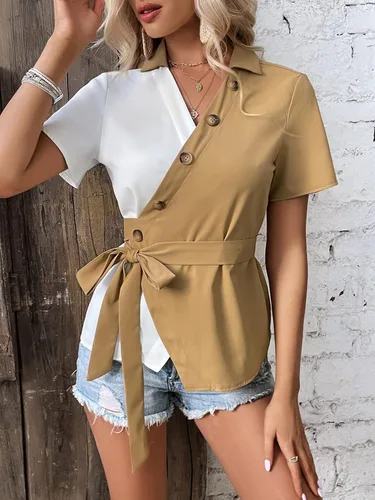 Vista 5 de SHENHE Blusa de manga corta con cuello en V y botones de bloque de color para mujer