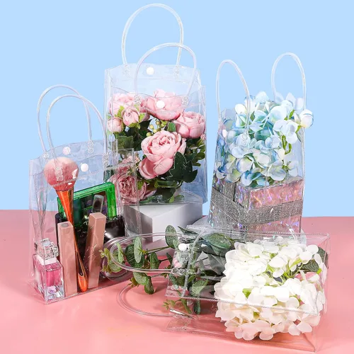 Vista 6 de Dyrfolm 24 bolsas de plástico transparente con asa, reutilizables de plástico transparente para regalo, para fiestas, compras, bodas