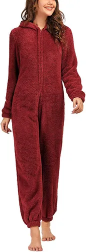 Vista 9 de chouyatou Pijama de Romper de Sherpa de Felpa Ultra Cómodo para Mujer con Capucha Linda de Orejas de Felpa Negro