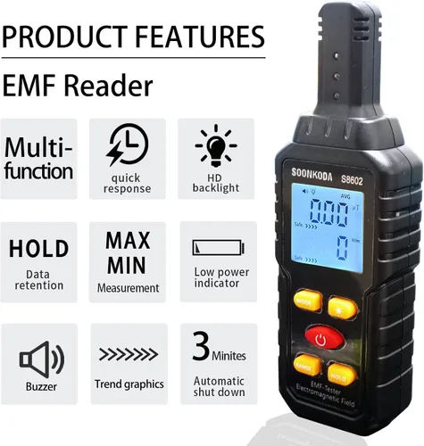 Vista 3 de Medidor EMF 3 en 1, Lector EMF, Detector de Radiación de Campo Electromagnético, Probador EMF para el Hogar, Detector EMF con Alarma de Luz