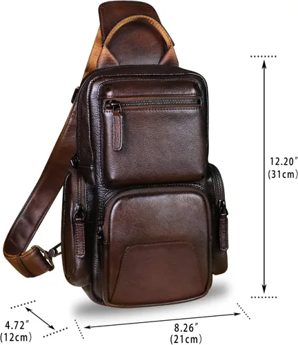 Vista 4 de IVTG Bolso de hombro de cuero genuino, mochila de viaje, mochila de senderismo, mochila casual, bolso de pecho vintage hecho a mano, mochila
