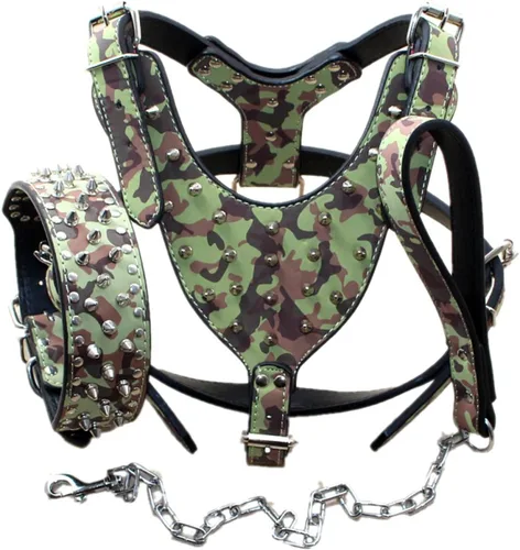 Vista 6 de Arnés para perro con tachuelas de cuero de raza, collar y correas, juego de 3 piezas para perros medianos y grandes, mastín, boxer, bull terrier