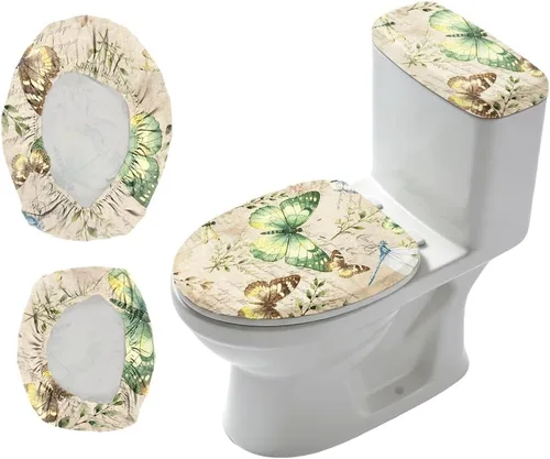Vista 11 de Juego de 2 fundas de tapa de inodoro de grano de madera y cubierta de tanque, juego de fundas elásticas rústicas para asiento de inodoro