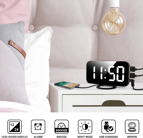 Vista 2 de Reloj despertador digital Lamisola, gran pantalla LED con espejo, 2 puertos de carga USB, brillo ajustable automáticamente, relojes modernos