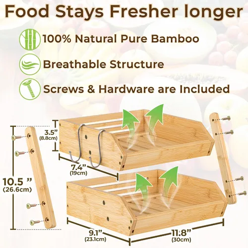 Vista 3 de Cesta de frutas con colgador de plátano – Organizador de almacenamiento de frutas y verduras de bambú de 2 niveles para encimera de cocina – Ligero