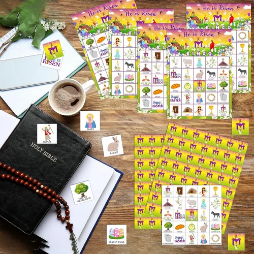 Vista 4 de Shappy Juego de 39 tarjetas de bingo de Pascua para niños y adultos, 28 jugadores, He is Risen, juego de fiesta, tarjetas de bingo bíblicas