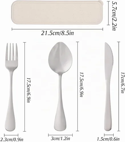 Vista 2 de Juego de cubiertos de viaje con estuche, utensilios reutilizables portátiles - Cuchara, cuchillo, tenedor y caja de almuerzo Beige