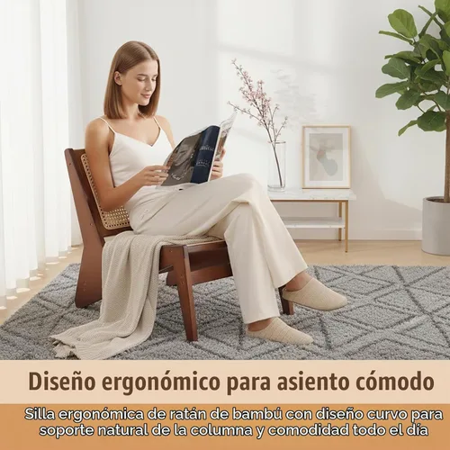 Vista 7 de Welnow Silla de ratán Mid Century con respaldo de caña tejida, nogal Juego de nogal