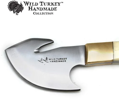 Vista 3 de Collection Full Tang - Cuchillo desollador con gancho de tripa de hoja fija con funda de cuero. (Bone1)