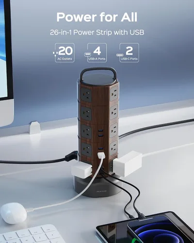 Vista 2 de Protector contra sobretensiones de torre de regleta de alimentación, 20 CA 6 USB (2 USB C), 1050J, 6.5 pies Extension Cord with Multiple Outlets