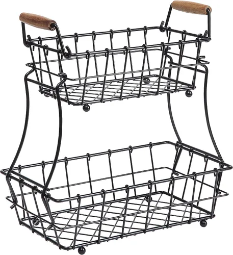 Vista 5 de SunnyPoint Cesta rectangular de alambre para pan de frutas de 2 niveles (negro, metal)