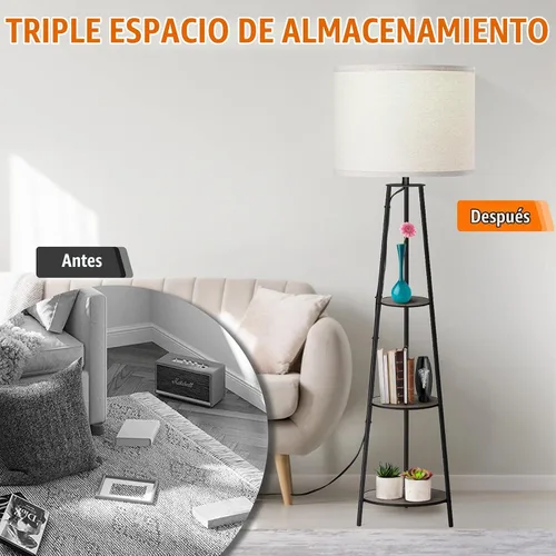 Vista 2 de Lámpara de pie, lámpara de pie con estante esquinero redondo de 3 niveles con 3 niveles regulables - Lámpara de pie simple con pantalla de tela