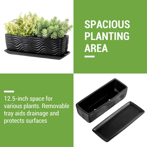 Vista 3 de [Usado] MyGift Maceta de cerámica de 12.5 pulgadas, moderna maceta rectangular texturizada para suculentas con diseño de ondas y platillo extraíble