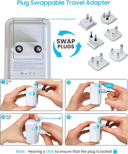 Vista 5 de VINTAR - Kit de adaptador de viaje universal, adaptador de enchufe internacional con 3 puertos USB (2 USB C, 3.4 A) y 2 salidas americanas, tipo A