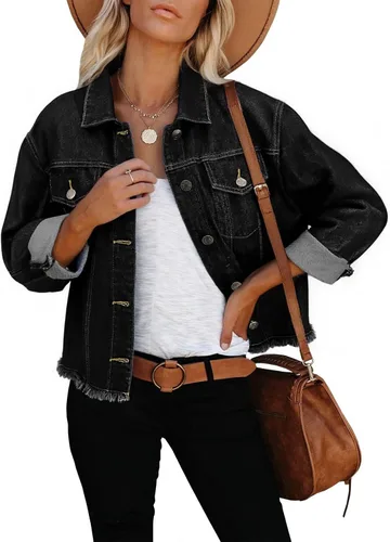 Vista 13 de Chaqueta de mezclilla para mujer, desgastada, con botones, con bolsillos.