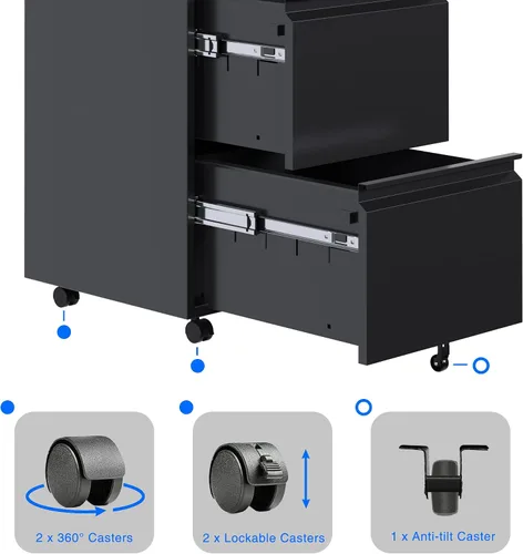 Vista 7 de METAN - Archivador de 2 cajones con cerradura, móvil para debajo del escritorio, archivador para oficina tamaño legal/carta, totalmente ensamblado
