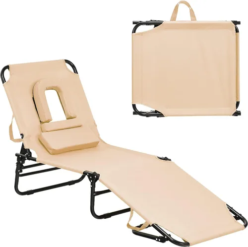 Vista 13 de GYMAX Sillón de playa, silla para tomar el sol, silla plegable ajustable reclinable con agujero para la cara