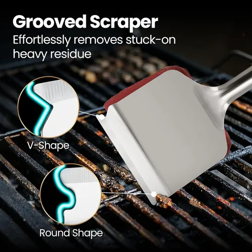 Vista 7 de Kit de limpieza de cepillo de parrilla de acero inoxidable fácil gourmet, raspador cambiable Durable Grill Brush and Griddle Scraper Combo with
