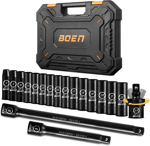 Vista 9 de BOEN Juego de llaves de impacto profundo de 3/8" de 14 piezas, 3/8" a 1" de cubo, 3/8" de guía universal de 6 puntos, barras de extensión de 6