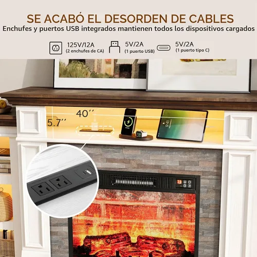 Vista 3 de Soporte de TV con chimenea de 72 pulgadas con toma de corriente y LED, chimenea eléctrica con repisa, centro de entretenimiento con almacenamiento