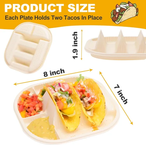 Vista 2 de Platos pequeños desechables para tacos con lados para mojar - Paquete de 100, porta tacos de almidón de maíz biodegradable, tamaño mini