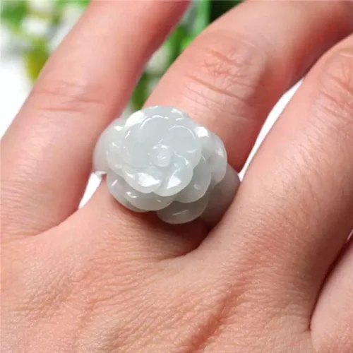 Vista 4 de Anillo de jade blanco natural, anillo de jade tallado a mano, piedra de jade transparente, anillo de cola para mujer, anillo de eternidad que puede