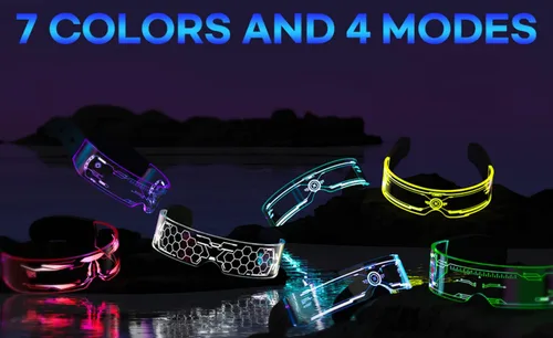Vista 6 de Gafas de visera con luz LED (paquete de 2) 7 colores 4 modos Gafas luminosas futuristas cyberpunk para niños y adultos