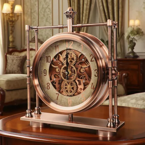 Vista 4 de Reloj de escritorio con engranajes móviles de oro rosa de 11 pulgadas
