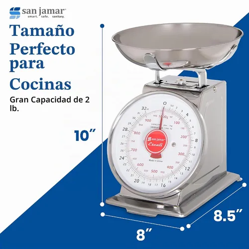 Vista 5 de San Jamar Escali Promzr Balanza mecánica de dial con cuenco para cocinas y restaurantes, metal, 2 libras, plateado