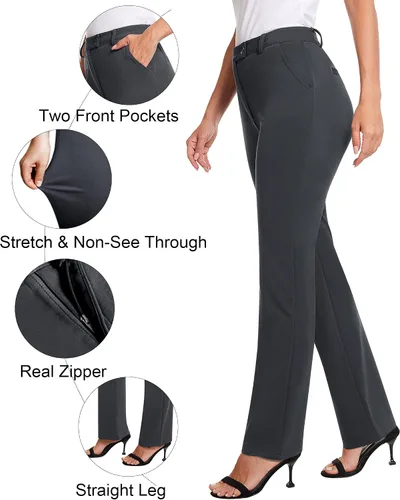 Vista 4 de siliteelon Pantalones de vestir de pierna recta para mujer, elásticos, de cintura alta, para trabajo, oficina, yoga, corte de bota con bolsillos