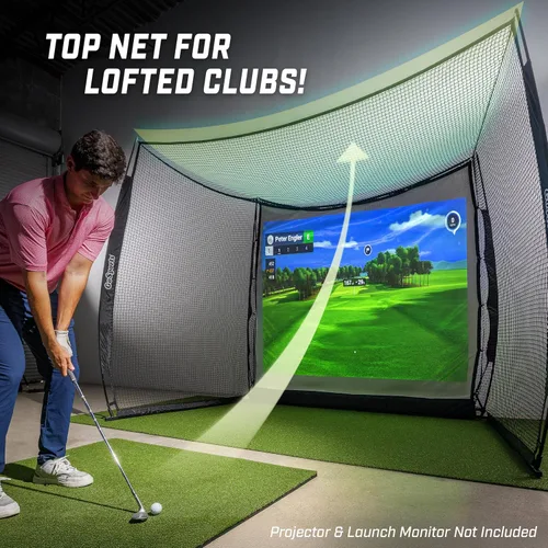 Vista 7 de GoSports Range Cage 10 ft x 8 ft Golf Net Cage – Indoor & Outdoor Golf Practice Net for Full Swing Training and Home Golf Simulator Setups Pantalla