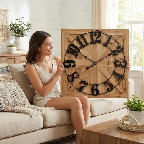 Vista 2 de EMAX HOME Reloj de pared grande estilo casa de campo, reloj de madera rústico cuadrado marrón de 24 pulgadas con letrero decorativo de madera