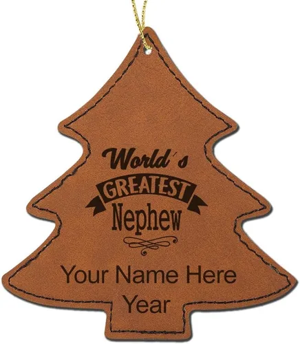 Vista 7 de LaserGram Adorno de Navidad personalizado, sobrino más grande del mundo, piel sintética, idea de regalo grabada con láser personalizado