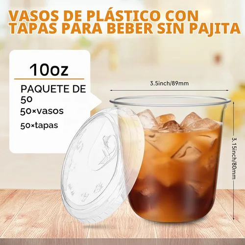 Vista 3 de Ziliny 50 juegos de vasos de plástico transparente con tapas para sorber sin pajita, vasos de cristal de plástico PET desechables transparentes