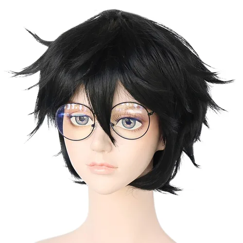 Vista 4 de ANOGOL Gorra de peluca+ 1 lente Peluca corta negra para hombres, peluca sintética negra para cosplay, peluca de anime para niños, para mujeres