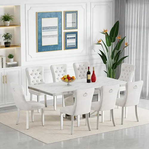 Vista 48 de Juego de mesa de comedor extensible de 63 a 79 pulgadas para 4, moderna mesa de cocina expandible con 4 sillas de terciopelo, mesa de madera gruesa