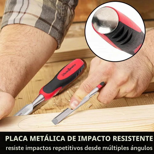 Vista 2 de Vivicreate Juego de 4 cinceles de madera para carpintería CR-V, cinceles de madera de borde biselado de acero con tapas de golpeo, cubiertas